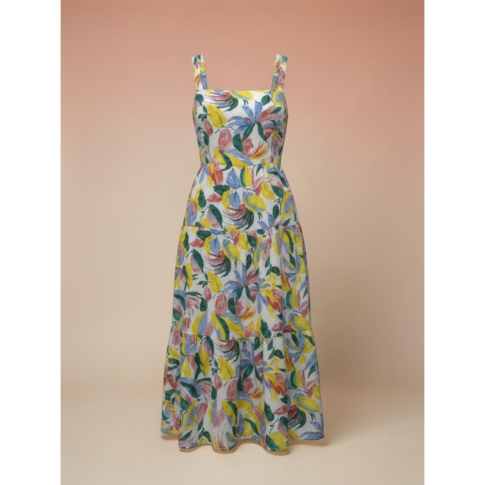 Skies Are Blue Tropical Leaf Print Tiered Maxi Dress Large